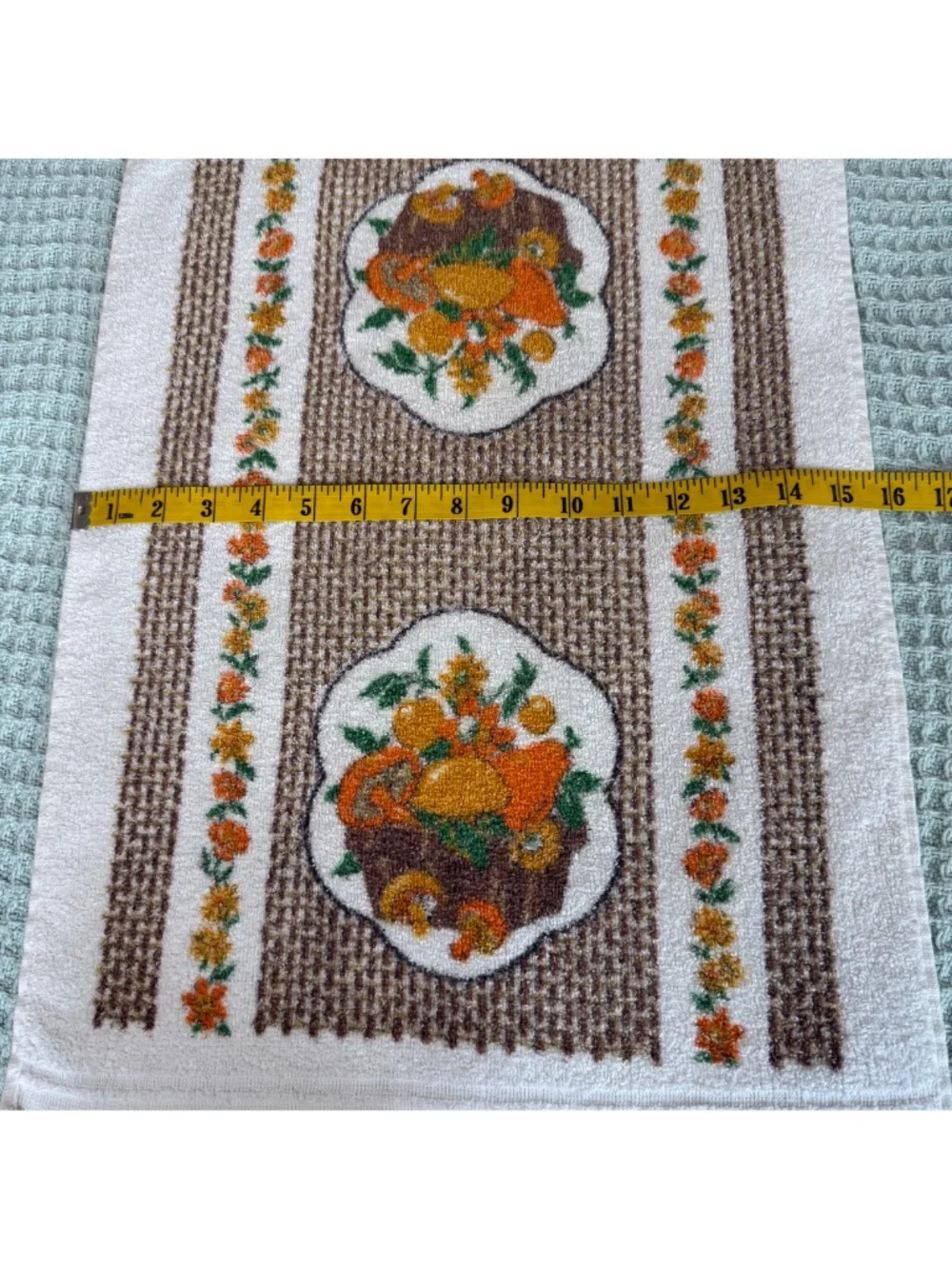 Vintage Cannon Kitchen Hand Towel Fringe Mushroom Fruit Brown Orange Gold 70s